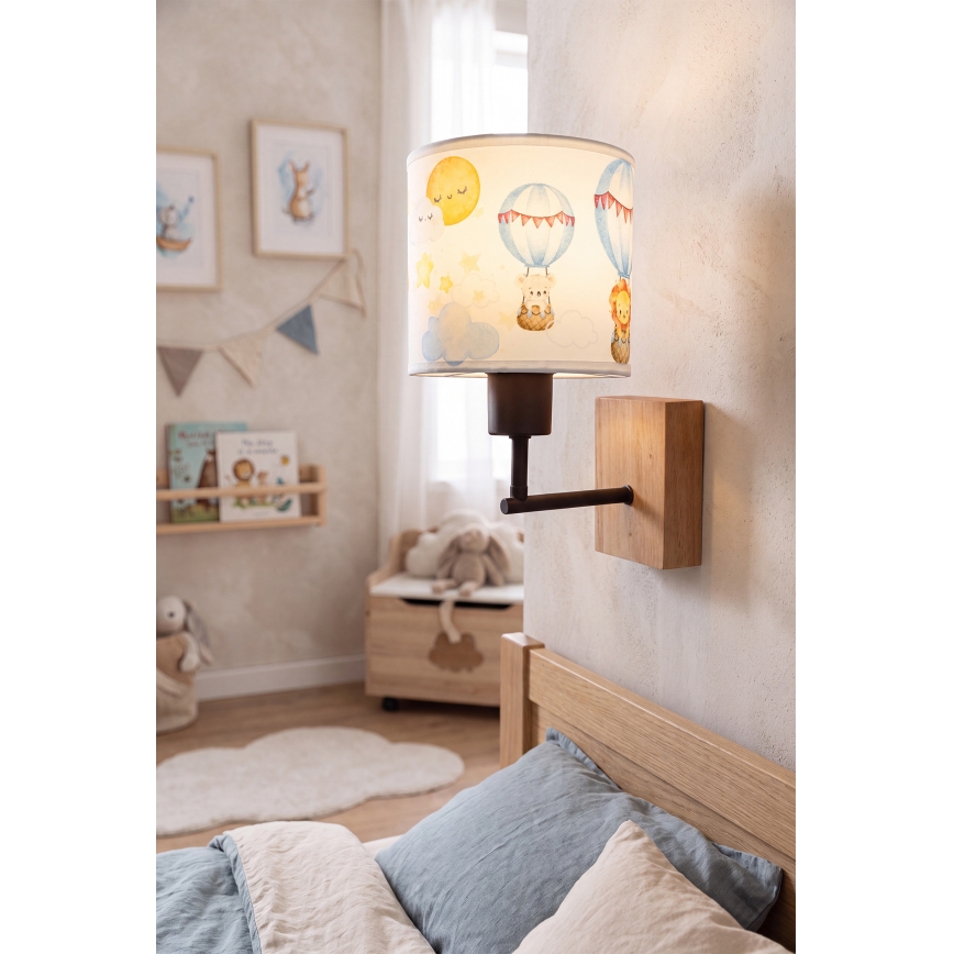 Brilagi - Børnevæglampe BOBO WOOD 1xE27/25W/230V eg/sort/hvid/med dyremotiv