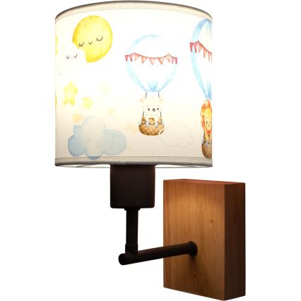 Brilagi - Børnevæglampe BOBO WOOD 1xE27/25W/230V eg/sort/hvid/med dyremotiv