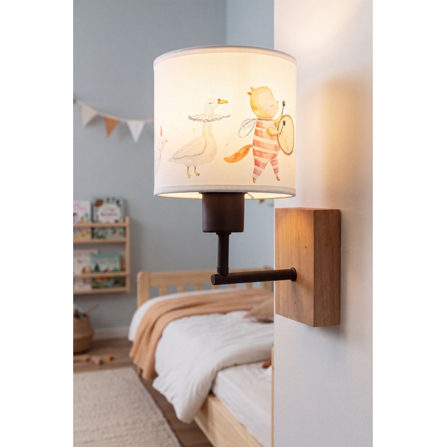Brilagi - Børnevæglampe BOBO WOOD 1xE27/25W/230V eg/sort/hvid/med dyremotiv