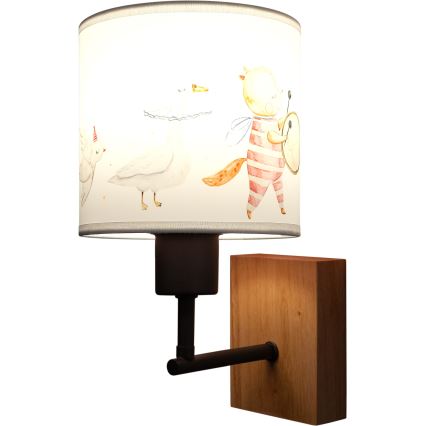 Brilagi - Børnevæglampe BOBO WOOD 1xE27/25W/230V eg/sort/hvid/med dyremotiv