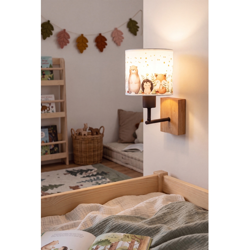 Brilagi - Børnevæglampe BOBO WOOD 1xE27/25W/230V eg/sort/hvid/dyremotiv