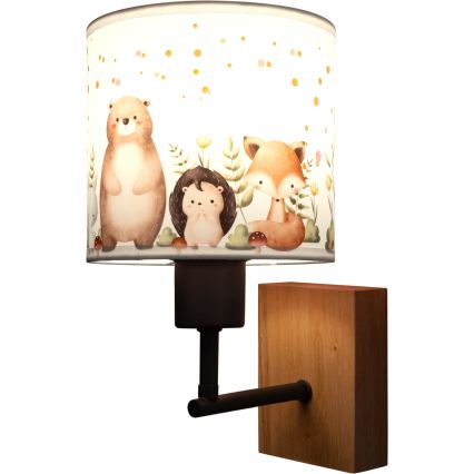 Brilagi - Børnevæglampe BOBO WOOD 1xE27/25W/230V eg/sort/hvid/dyremotiv