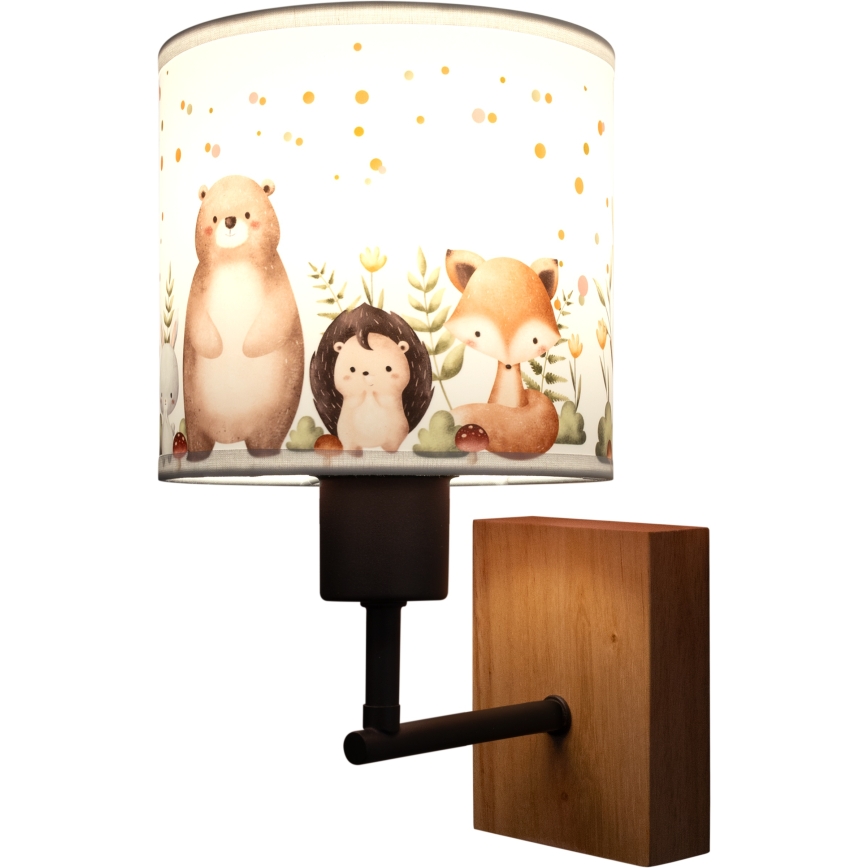 Brilagi - Børnevæglampe BOBO WOOD 1xE27/25W/230V eg/sort/hvid/dyremotiv