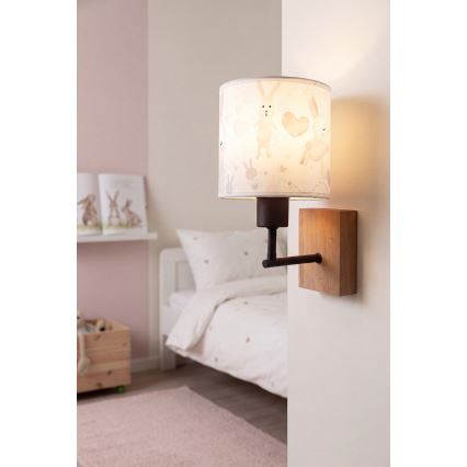 Brilagi - Børnevæglampe BOBO WOOD 1xE27/25W/230V eg/sort/hvid/kaninmotiv