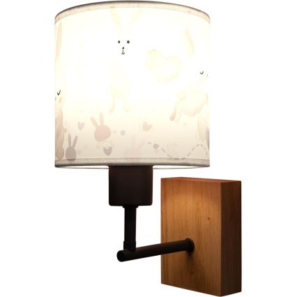 Brilagi - Børnevæglampe BOBO WOOD 1xE27/25W/230V eg/sort/hvid/kaninmotiv