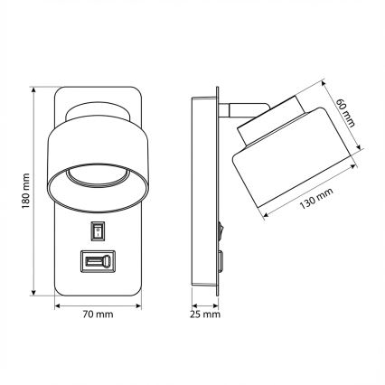 Brilagi - Væglampe med USB-port AURA LUX 1xGX53/30W/230V sort/guld