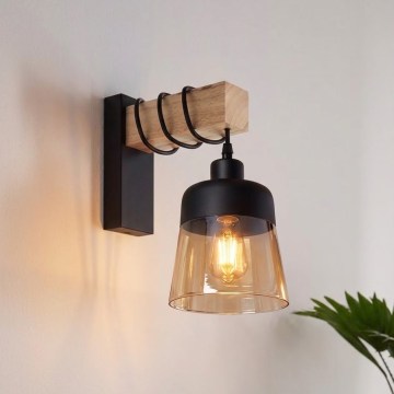 Brilagi - Væglampe WOOD GLASS 1xE27/60W/230V fyrretræ/sort/røgbrun