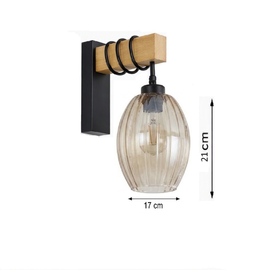 BRILAGI - Væglampe WOOD GLASS 1xE27/60W/230V fyrretræ/sort/røget beige