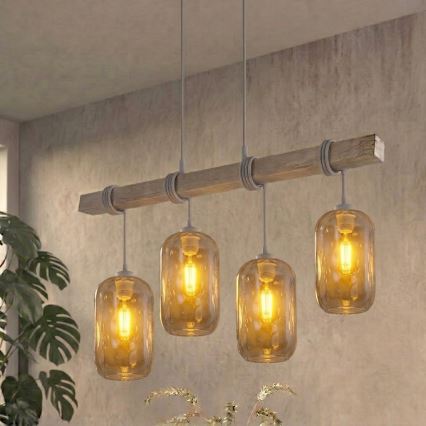 BRILAGI - Lysekrone med wireophæng WOOD GLASS 4xE27/60W/230V fyrretræ/grå/røggrå