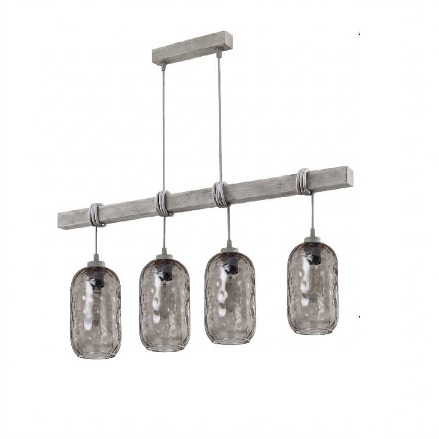 BRILAGI - Lysekrone med wireophæng WOOD GLASS 4xE27/60W/230V fyrretræ/grå/røggrå