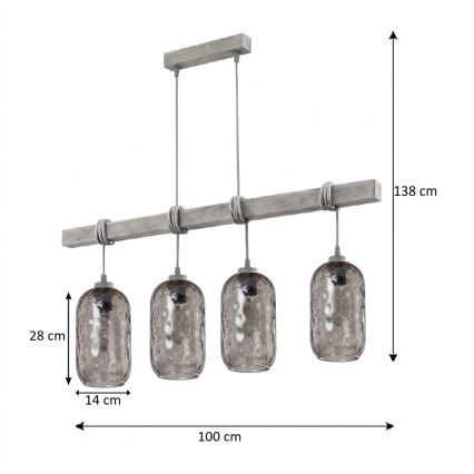 BRILAGI - Lysekrone med wireophæng WOOD GLASS 4xE27/60W/230V fyrretræ/grå/røggrå