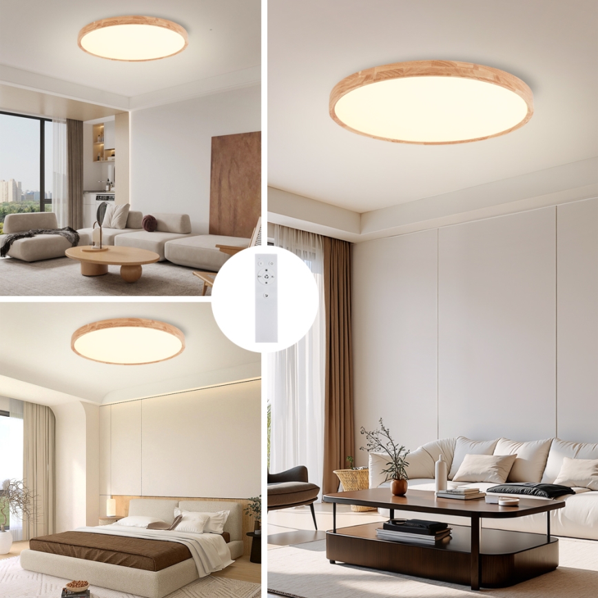 Brilagi - LED dæmpbar loftlampe WOODROUND LED/70W/230V 3000-6000K Ø 80 cm træ CRI 90 + fjernbetjening