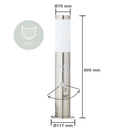 Brilliant - LED udendørslampe med sensor LEIGH LED/0,9W/230V + 1xE27/11W 80 cm IP44 skinnende krom
