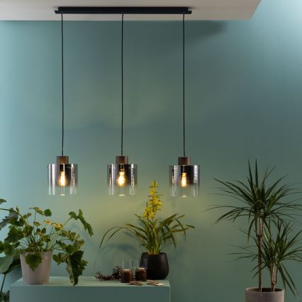 Brilliant - Pendel på wire BETH 3xE27/60W/230V sort/røget