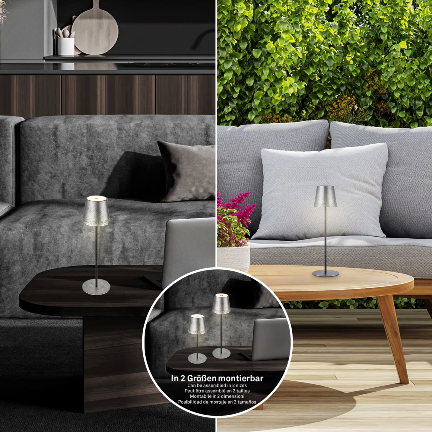 Brilo - LED dæmpbar, genopladelig, berøringsbetjent udendørs bordlampe KIKI LED/2,6W/5V IP44 2600 mAh sølvfarvet