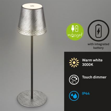 Brilo - LED dæmpbar, genopladelig, berøringsbetjent udendørs bordlampe KIKI LED/2,6W/5V IP44 2600 mAh sølvfarvet