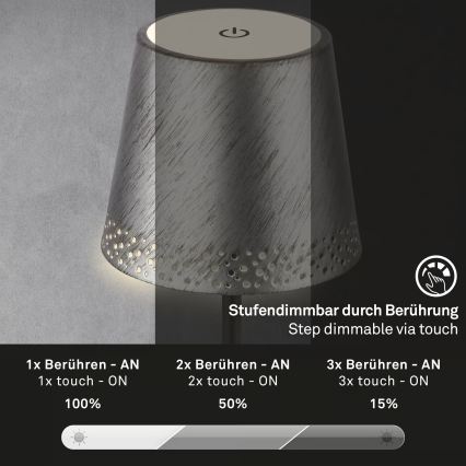 Brilo - LED dæmpbar, genopladelig, berøringsbetjent udendørs bordlampe KIKI LED/2,6W/5V IP44 2600 mAh sølvfarvet