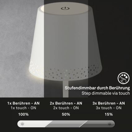 Brilo - LED dæmpbar genopladelig berøringsbetjent udendørs bordlampe KIKI LED/2,6W/5V IP44 2600 mAh hvid