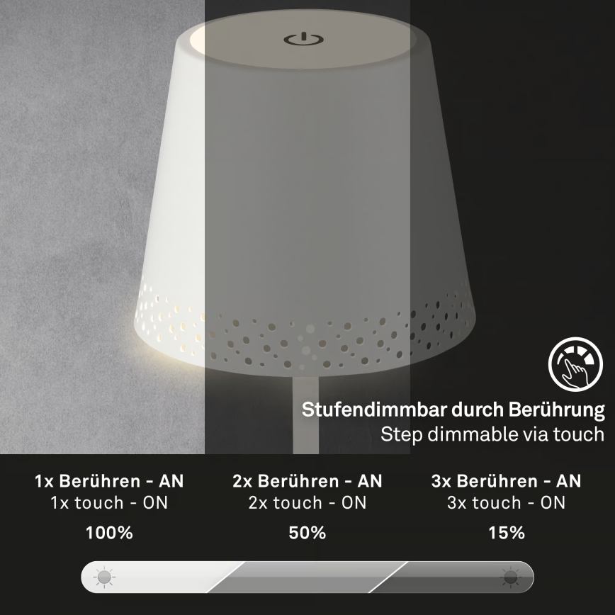 Brilo - LED dæmpbar genopladelig berøringsbetjent udendørs bordlampe KIKI LED/2,6W/5V IP44 2600 mAh hvid