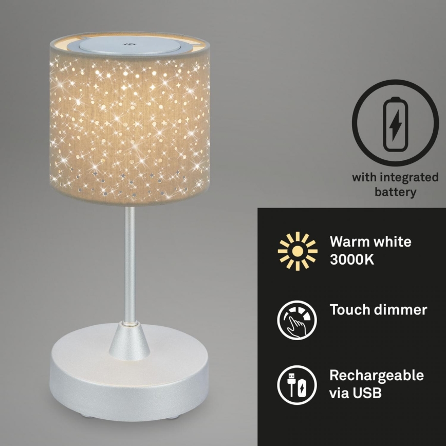 Brilo - Udendørs LED bordlampe dæmpbar og genopladelig LOLE LED/3W/5V 2000mAh IP44 sølvfarvet/beige