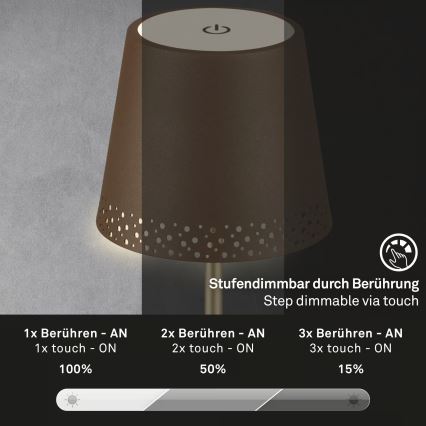 Brilo - LED dæmpbar genopladelig berøringsstyret udendørs bordlampe KIKI LED/2,6W/5V IP44 2600 mAh brun