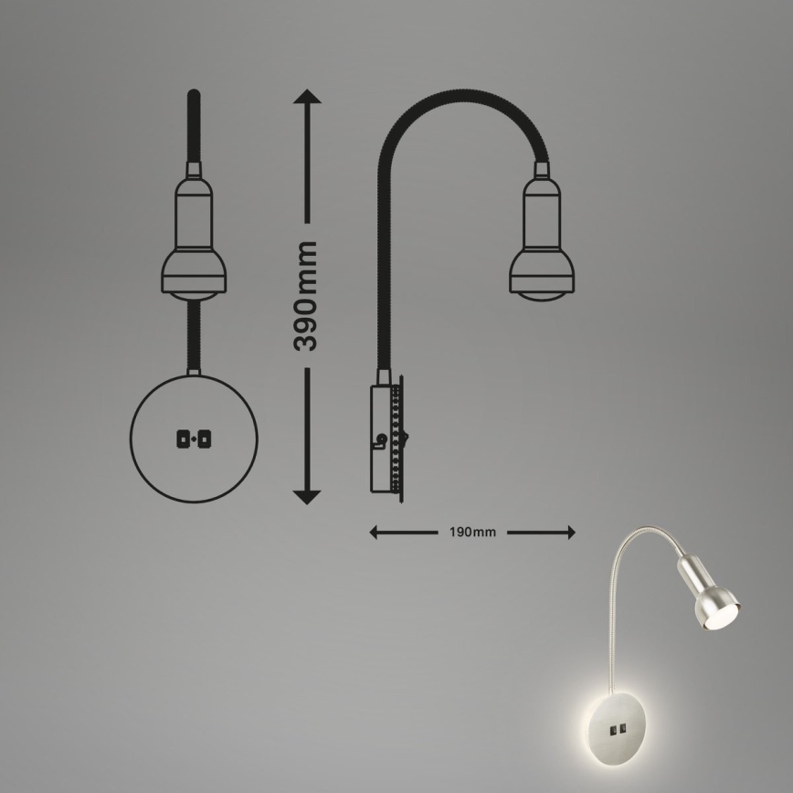 Briloner 2178012 - LED Fleksibel væglampe 1xE14/10W/230V + LED/3W mat krom