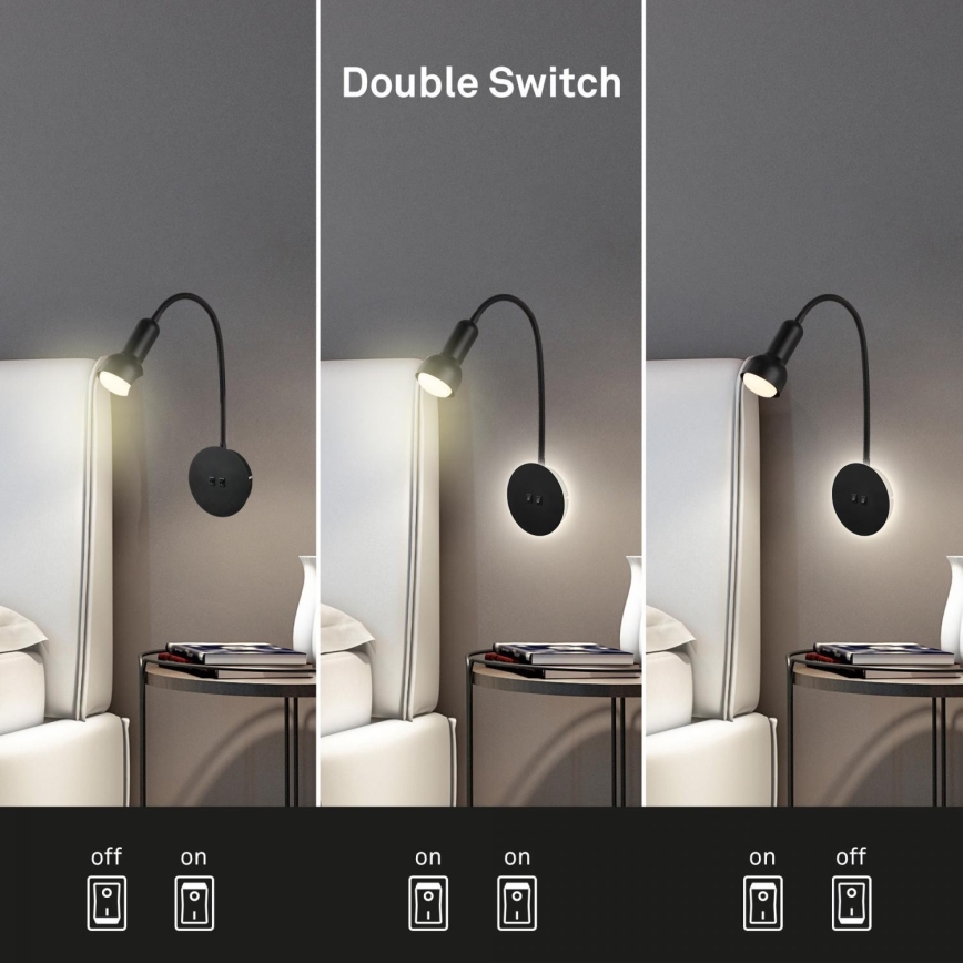Briloner 2178015 - Fleksibel LED væglampe 1xE14/10W/230V + LED/3W sort