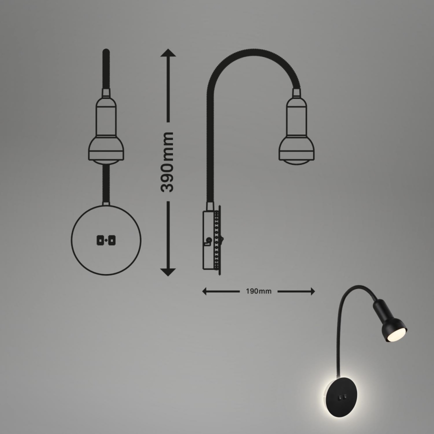 Briloner 2178015 - Fleksibel LED væglampe 1xE14/10W/230V + LED/3W sort