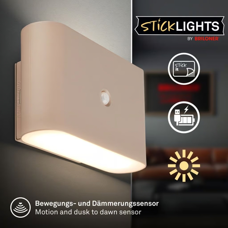 Briloner 3878011 - Genopladelig LED-væglampe med bevægelses- og skumringssensor CHAT LED/3W/5V 2000 mAh beige