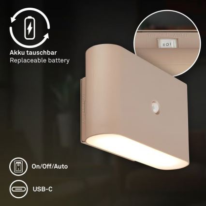 Briloner 3878011 - Genopladelig LED-væglampe med bevægelses- og skumringssensor CHAT LED/3W/5V 2000 mAh beige
