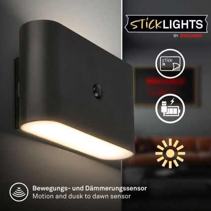 Briloner 3878015 - Genopladelig LED-væglampe med bevægelses- og skumringssensor CHAT LED/3W/5V 2000 mAh sort