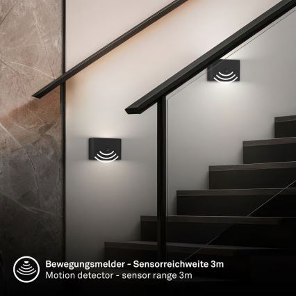 Briloner 3878015 - Genopladelig LED-væglampe med bevægelses- og skumringssensor CHAT LED/3W/5V 2000 mAh sort