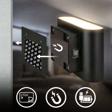 Briloner 3878015 - Genopladelig LED-væglampe med bevægelses- og skumringssensor CHAT LED/3W/5V 2000 mAh sort