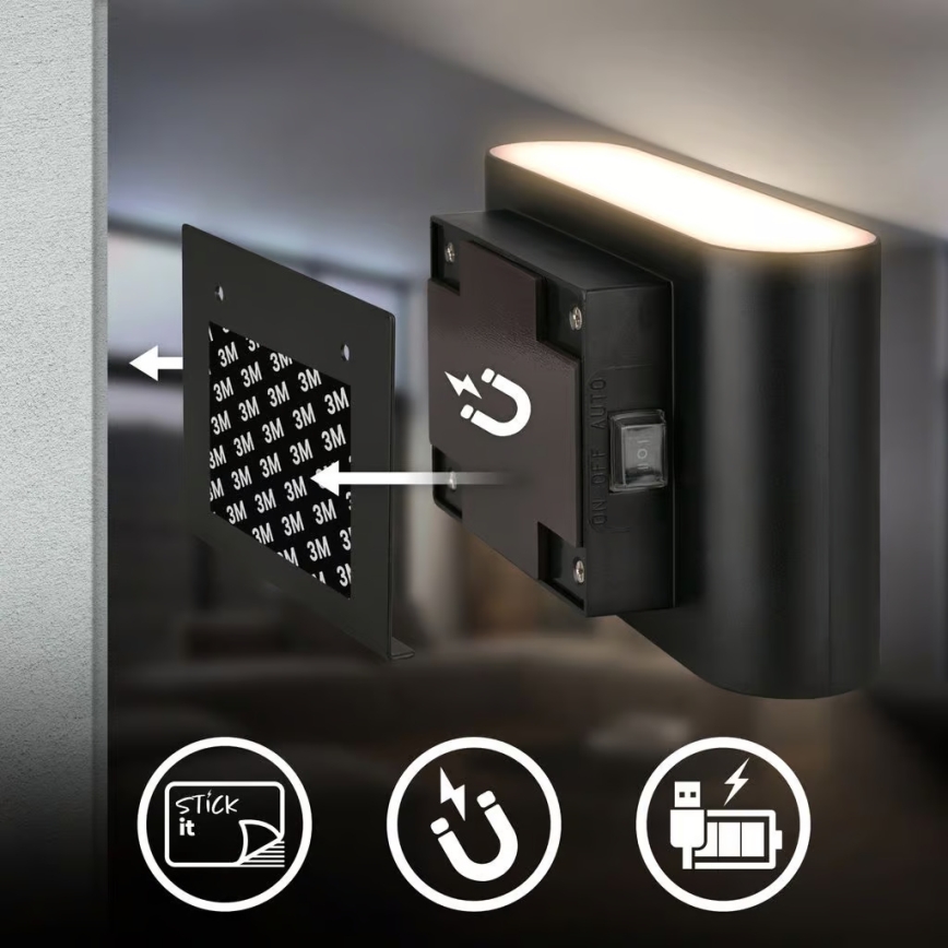 Briloner 3878015 - Genopladelig LED-væglampe med bevægelses- og skumringssensor CHAT LED/3W/5V 2000 mAh sort