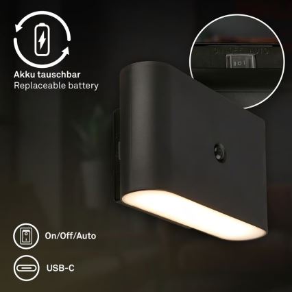 Briloner 3878015 - Genopladelig LED-væglampe med bevægelses- og skumringssensor CHAT LED/3W/5V 2000 mAh sort