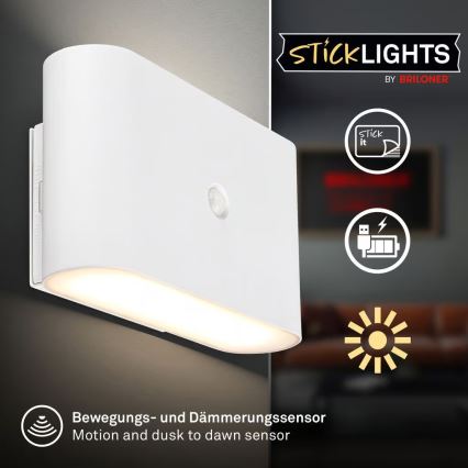 Briloner 3878016 - Genopladelig LED-væglampe med bevægelses- og skumringssensor CHAT LED/3W/5V 2000 mAh hvid