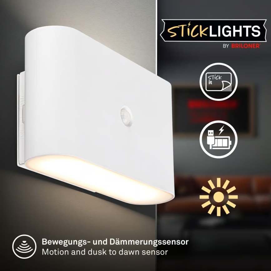 Briloner 3878016 - Genopladelig LED-væglampe med bevægelses- og skumringssensor CHAT LED/3W/5V 2000 mAh hvid