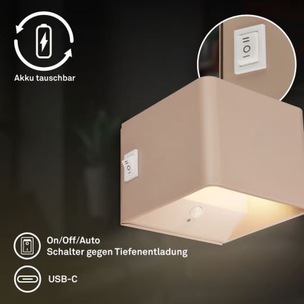 Briloner 3879011 - LED genopladelig væglampe med bevægelses- og skumringssensor BORRA LED/1,5W/5V 3600 mAh beige