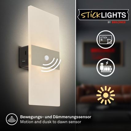 Briloner 3888012 - LED genopladelig væglampe med bevægelses- og skumringssensor AURA LED/2,5W/5V 1800 mAh mat krom