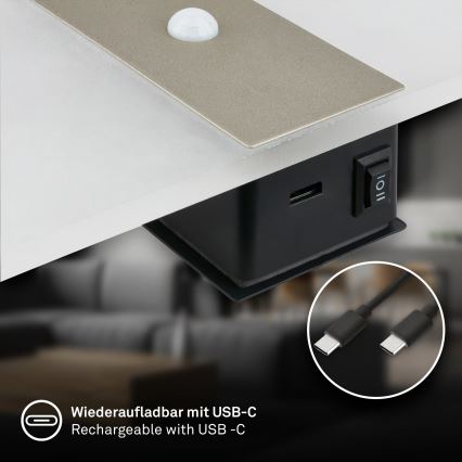 Briloner 3888012 - LED genopladelig væglampe med bevægelses- og skumringssensor AURA LED/2,5W/5V 1800 mAh mat krom