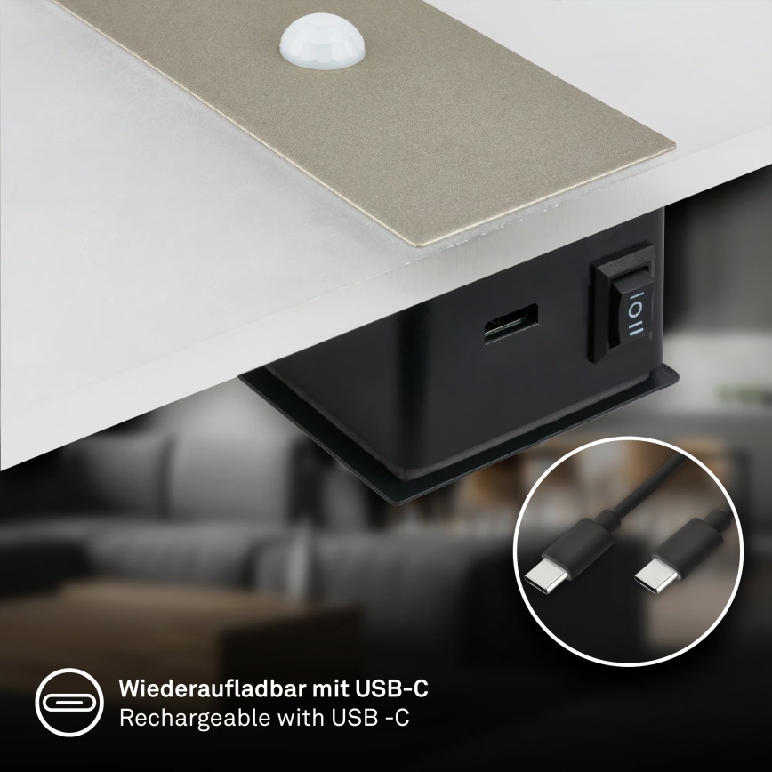 Briloner 3888012 - LED genopladelig væglampe med bevægelses- og skumringssensor AURA LED/2,5W/5V 1800 mAh mat krom