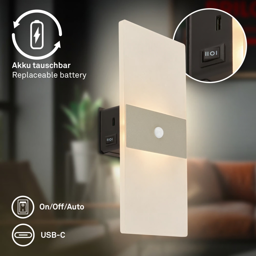 Briloner 3888012 - LED genopladelig væglampe med bevægelses- og skumringssensor AURA LED/2,5W/5V 1800 mAh mat krom