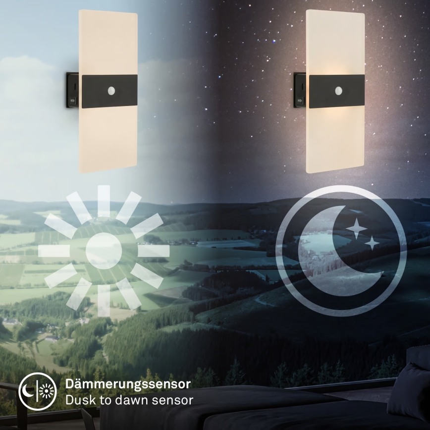 Briloner 3888015 - Genopladelig LED-væglampe med bevægelses- og skumringssensor AURA LED/2,5W/5V 1800 mAh sort