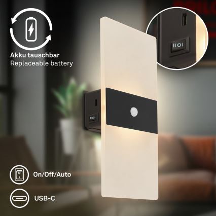 Briloner 3888015 - Genopladelig LED-væglampe med bevægelses- og skumringssensor AURA LED/2,5W/5V 1800 mAh sort