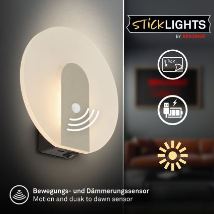Briloner 3889012 - LED genopladelig væglampe med bevægelses- og skumringssensor TARO LED/2,5W/5V 1800 mAh mat krom