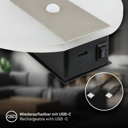 Briloner 3889012 - LED genopladelig væglampe med bevægelses- og skumringssensor TARO LED/2,5W/5V 1800 mAh mat krom