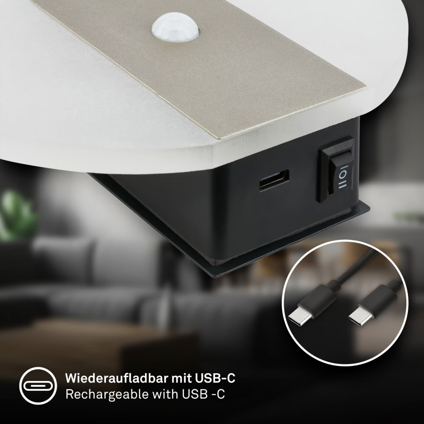 Briloner 3889012 - LED genopladelig væglampe med bevægelses- og skumringssensor TARO LED/2,5W/5V 1800 mAh mat krom