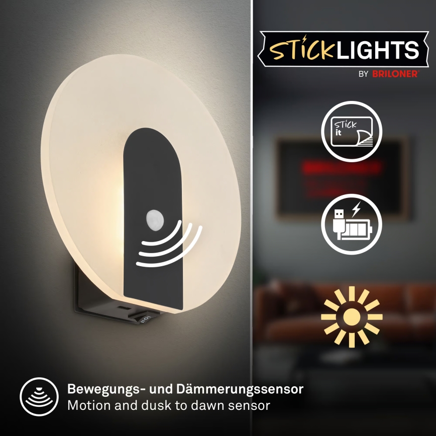 Briloner 3889015 - LED genopladelig væglampe med bevægelses- og skumringssensor TARO LED/2,5W/5V 1800 mAh sort