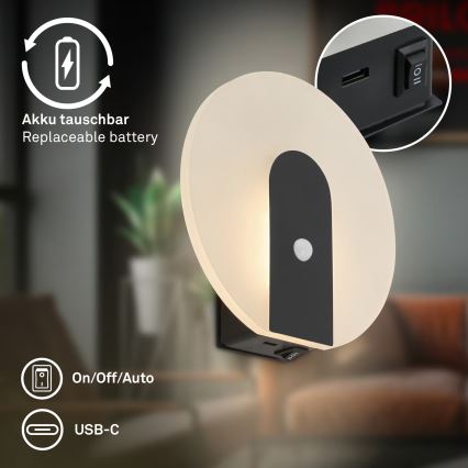 Briloner 3889015 - LED genopladelig væglampe med bevægelses- og skumringssensor TARO LED/2,5W/5V 1800 mAh sort