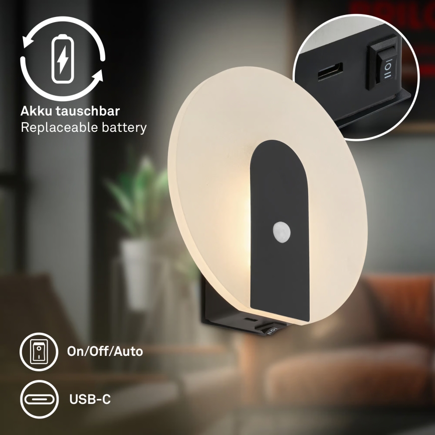Briloner 3889015 - LED genopladelig væglampe med bevægelses- og skumringssensor TARO LED/2,5W/5V 1800 mAh sort